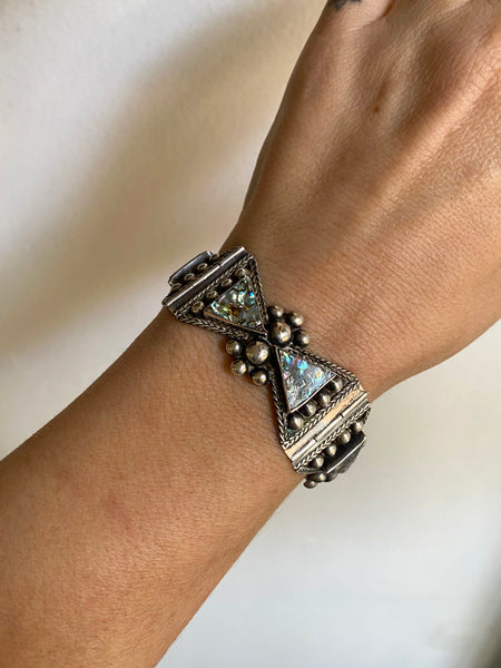 Vintage Taxco Sterling Silver + Abalone Hinged Panel Cuff Bracelet