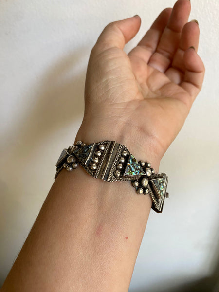 Vintage Taxco Sterling Silver + Abalone Hinged Panel Cuff Bracelet