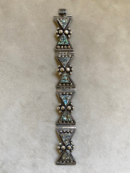 Vintage Taxco Sterling Silver + Abalone Hinged Panel Cuff Bracelet