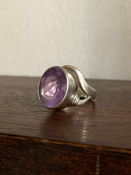 Vintage Sterling Silver High Bezel Set Faceted Amethyst Ring Sz 8