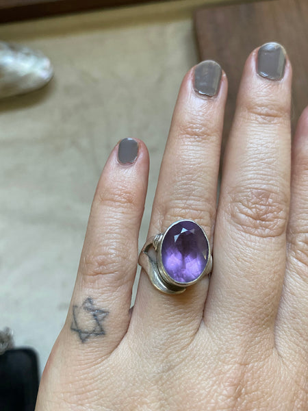Vintage Sterling Silver High Bezel Set Faceted Amethyst Ring Sz 8