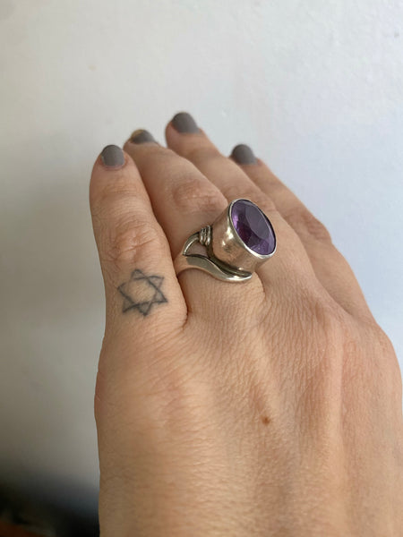 Vintage Sterling Silver High Bezel Set Faceted Amethyst Ring Sz 8
