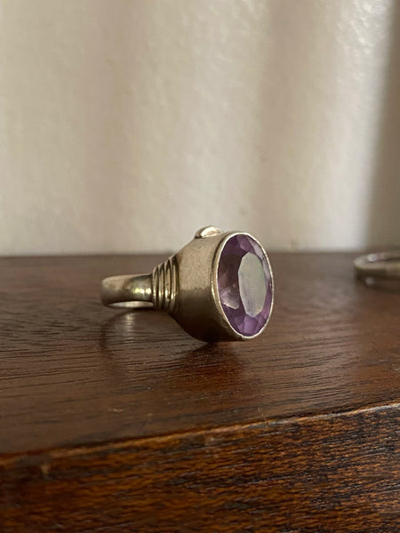 Vintage Sterling Silver High Bezel Set Faceted Amethyst Ring Sz 8