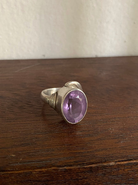 Vintage Sterling Silver High Bezel Set Faceted Amethyst Ring Sz 8