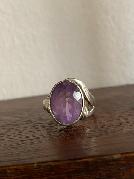 Vintage Sterling Silver High Bezel Set Faceted Amethyst Ring Sz 8