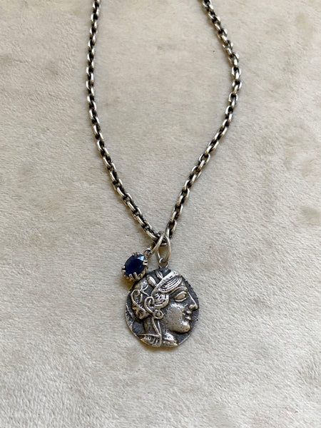 Vintage Sterling Silver Cast Athena Coin + Sapphire Quartz Necklace
