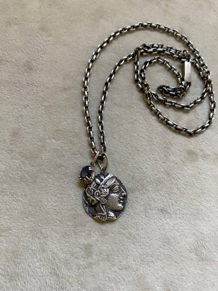 Vintage Sterling Silver Cast Athena Coin + Sapphire Quartz Necklace