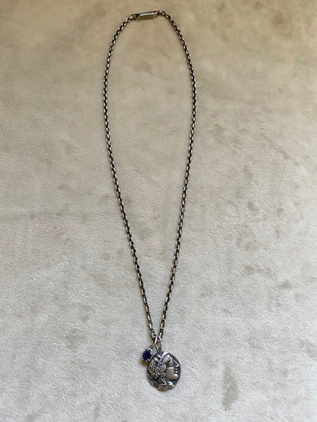Vintage Sterling Silver Cast Athena Coin + Sapphire Quartz Necklace