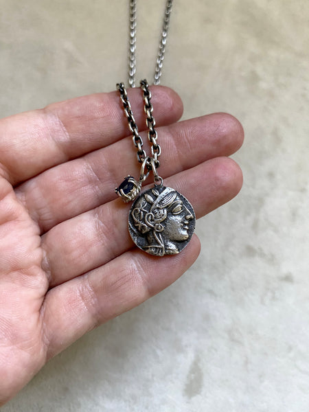 Vintage Sterling Silver Cast Athena Coin + Sapphire Quartz Necklace