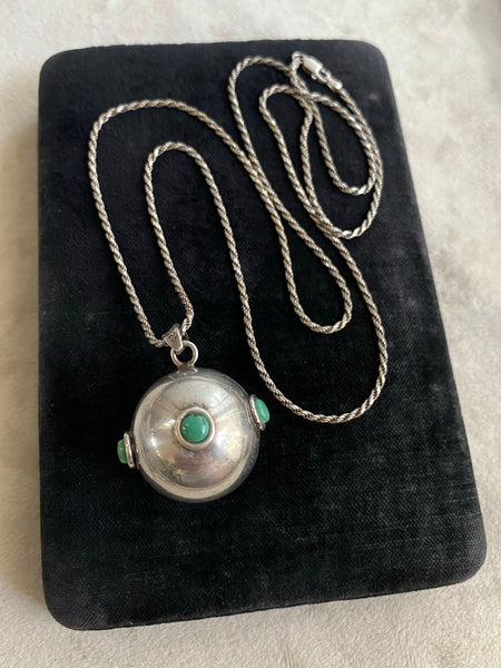 Large Vintage Sterling Silver Ball Chime Pendant with Turquoise