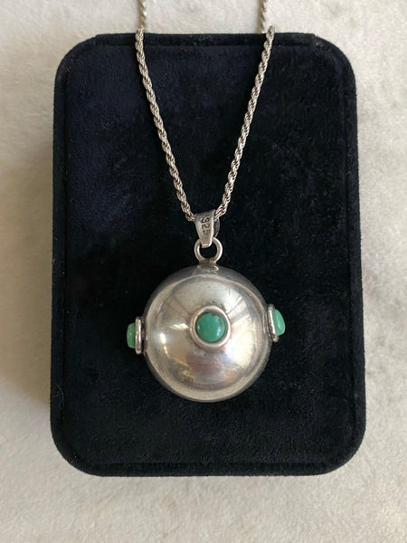 Large Vintage Sterling Silver Ball Chime Pendant with Turquoise