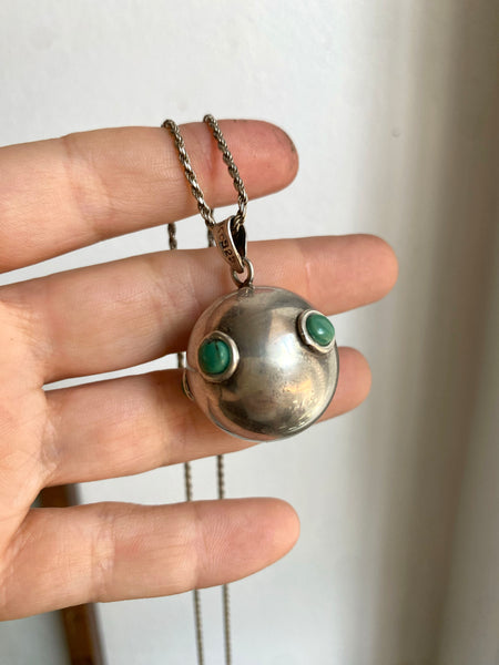 Large Vintage Sterling Silver Ball Chime Pendant with Turquoise