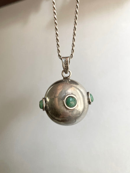 Large Vintage Sterling Silver Ball Chime Pendant with Turquoise