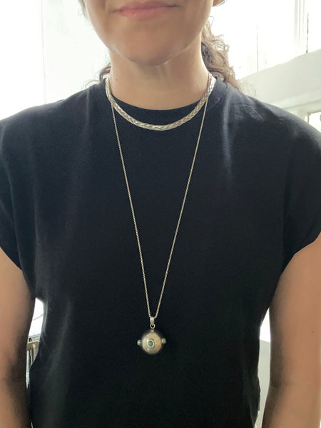 Large Vintage Sterling Silver Ball Chime Pendant with Turquoise