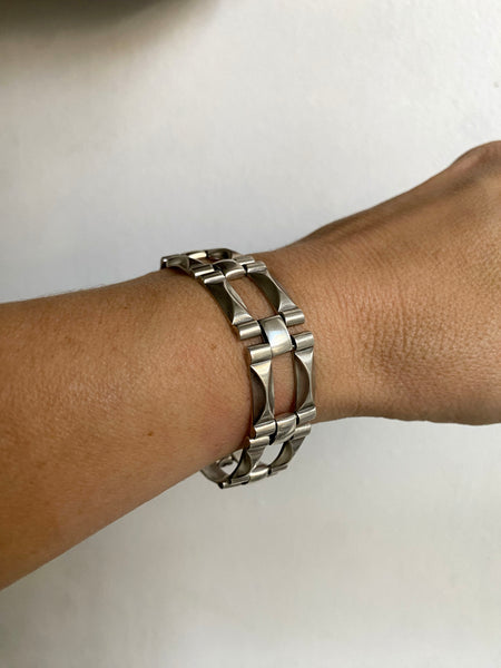 Vintage Sterling Silver Brick Link Bracelet 7"
