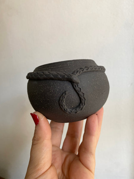 Small Raw Black Clay Snake Pot