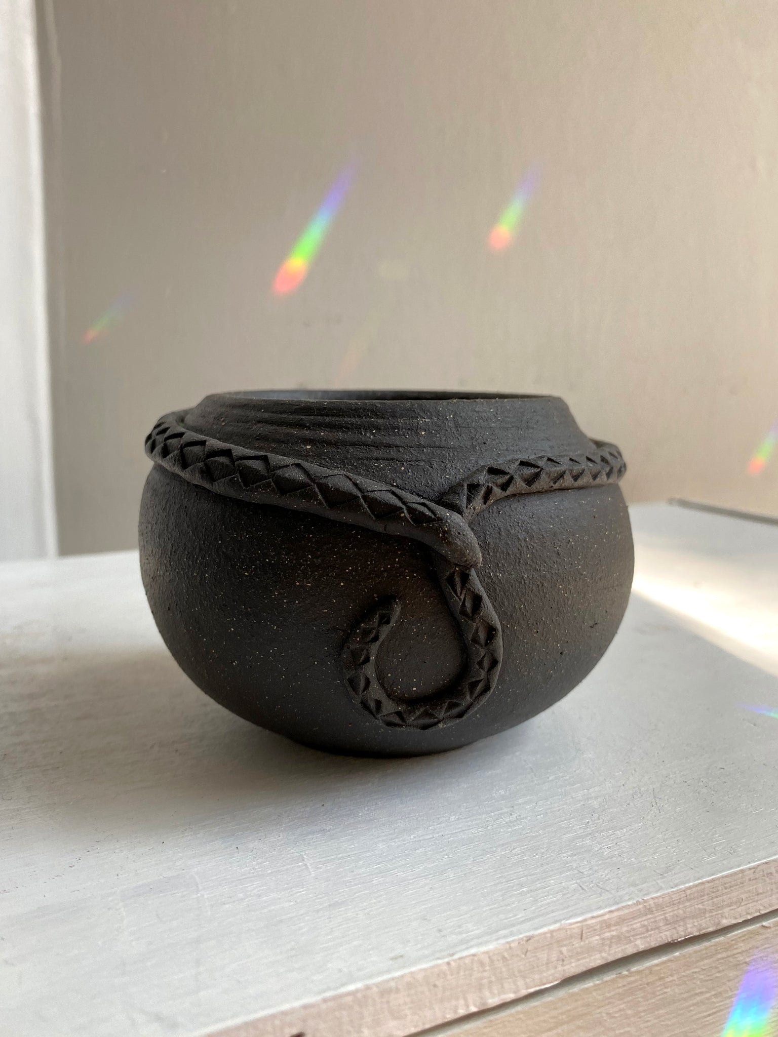 Small Raw Black Clay Snake Pot