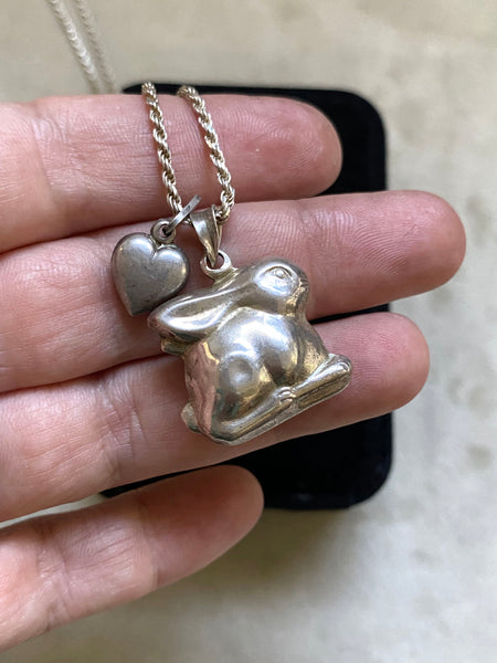 Vintage Sterling Silver Puffy Bunny Charm Necklace