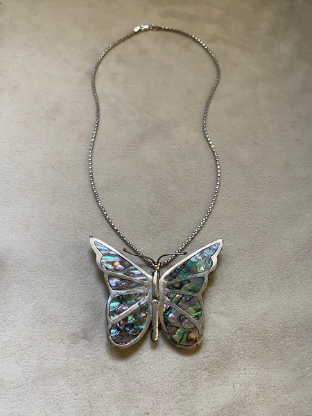 Vintage Abalone Butterfly Statement Necklace (convertible pin)