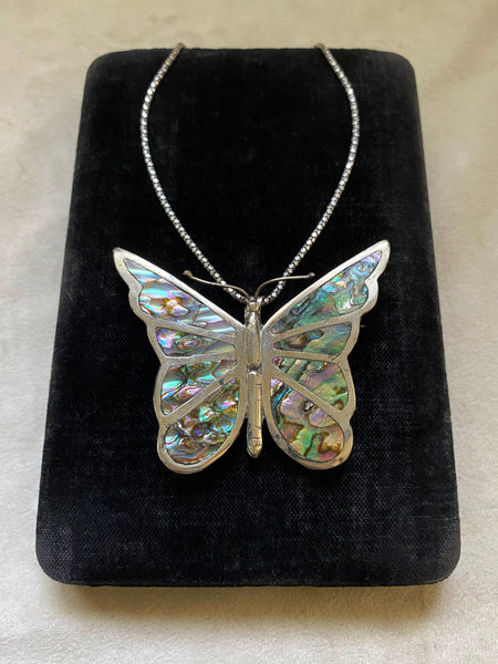 Vintage Abalone Butterfly Statement Necklace (convertible pin)
