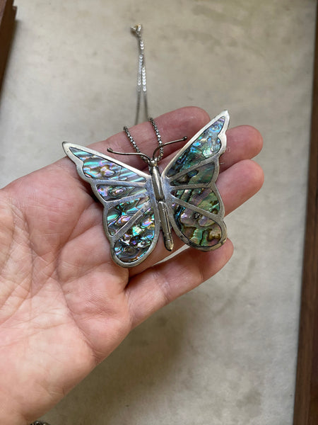 Vintage Abalone Butterfly Statement Necklace (convertible pin)