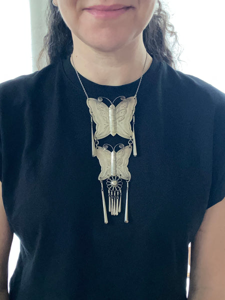 Vintage .800 Silver Butterfly Shield Necklace