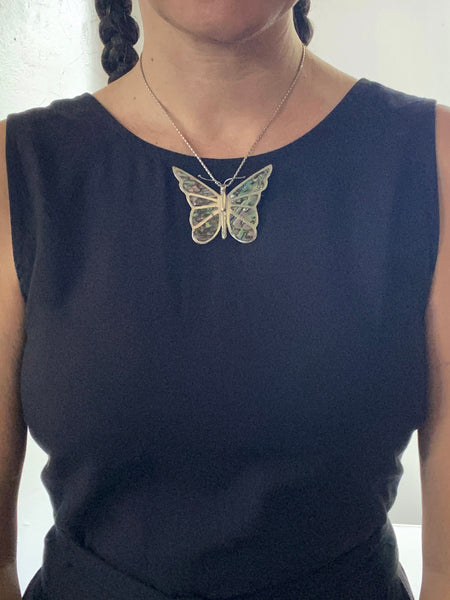 Vintage Abalone Butterfly Statement Necklace (convertible pin)