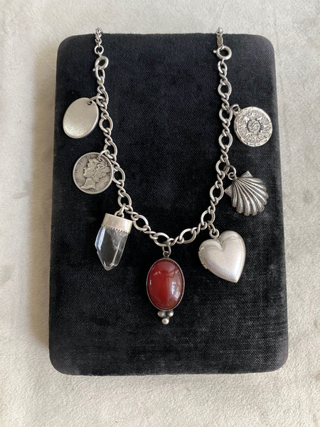 Convertible Vintage Sterling Silver + Carnelian Charm Necklace / Bracelet