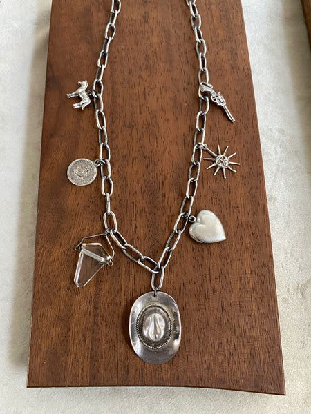Vintage Sterling Silver Sunrise Cowboy Statement Charm Necklace