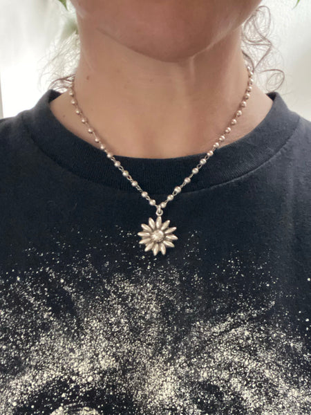 Vintage Sterling Silver Daisy+ Rosary Bead Necklace