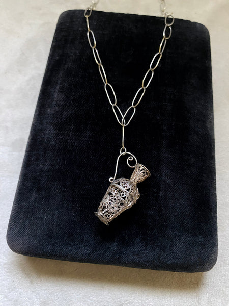 Vintage Filigree Vase and Handmade Paperclip Chain Necklace
