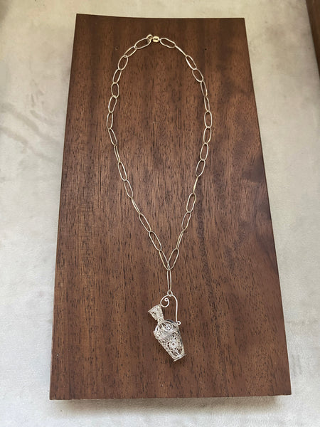 Vintage Filigree Vase and Handmade Paperclip Chain Necklace