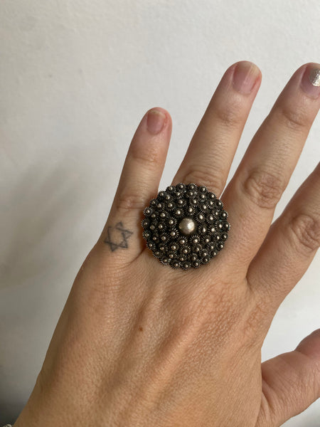 Large Mid Century Mexico Made Sterling Silver Flower Ring Size 6