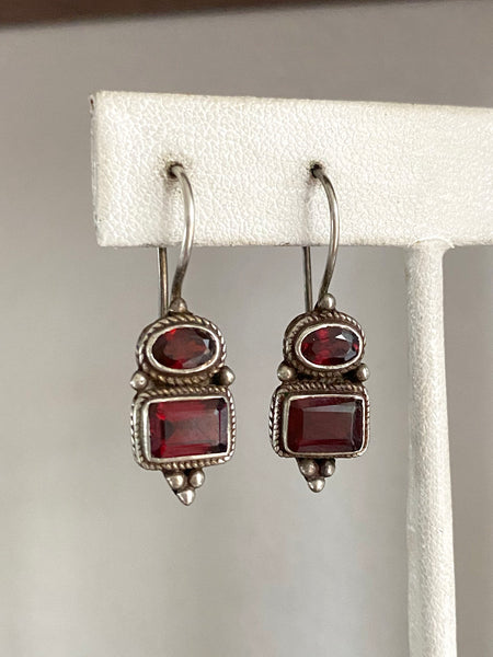 Vintage Sterling Silver Faceted Garnet Earrings