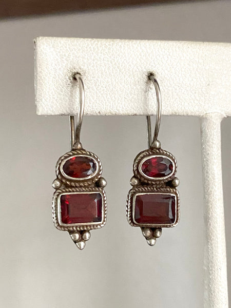 Vintage Sterling Silver Faceted Garnet Earrings