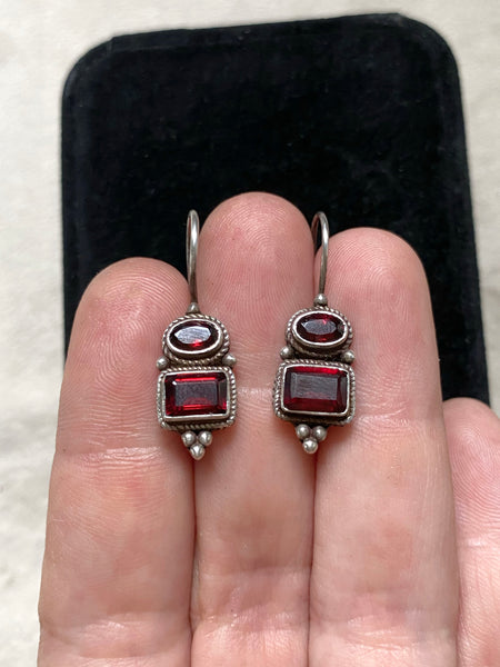 Vintage Sterling Silver Faceted Garnet Earrings