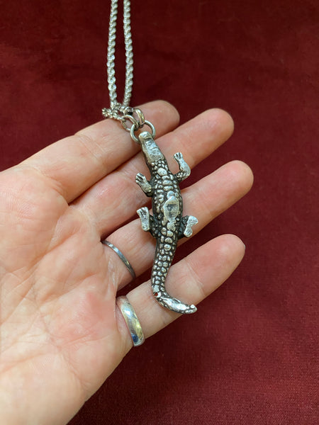 Vintage Sterling Handmade Gator Fob / Solid Rope Chain Necklace