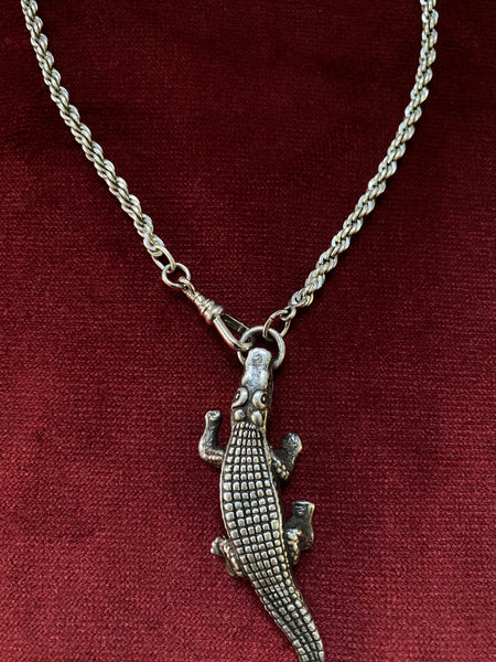 Vintage Sterling Handmade Gator Fob / Solid Rope Chain Necklace