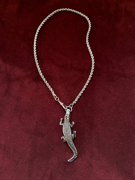Vintage Sterling Handmade Gator Fob / Solid Rope Chain Necklace