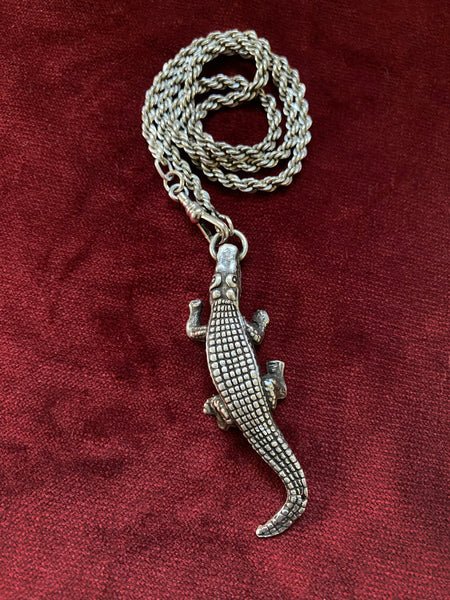 Vintage Sterling Handmade Gator Fob / Solid Rope Chain Necklace