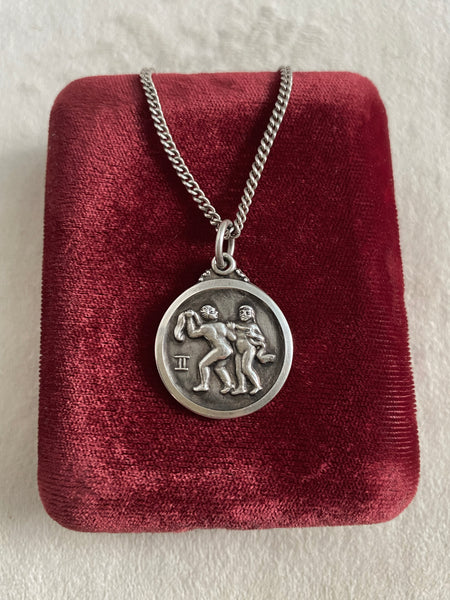 Vintage Sterling Gemini Medallion + Curb Chain