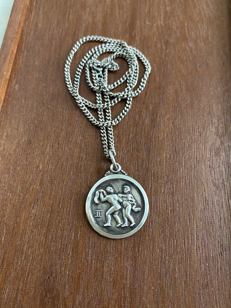 Vintage Sterling Gemini Medallion + Curb Chain