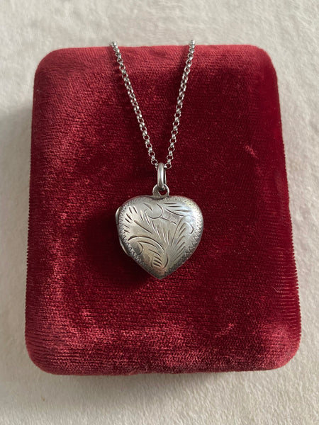Vintage Sterling Engraved Heart Locket Necklace