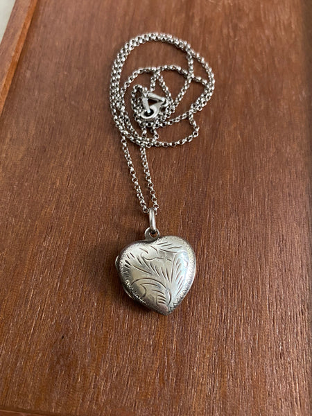 Vintage Sterling Engraved Heart Locket Necklace