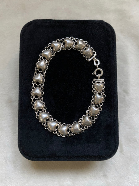 Vintage Sterling Silver Hearts Chain Bracelet