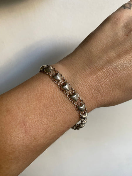 Vintage Sterling Silver Hearts Chain Bracelet