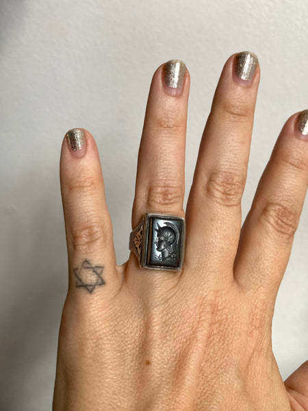 Vintage Sterling Silver Hematite Intaglio Signet Ring Sz 6
