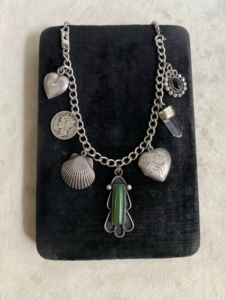 Convertible Vintage Sterling Silver + Jade Charm Necklace / Bracelet