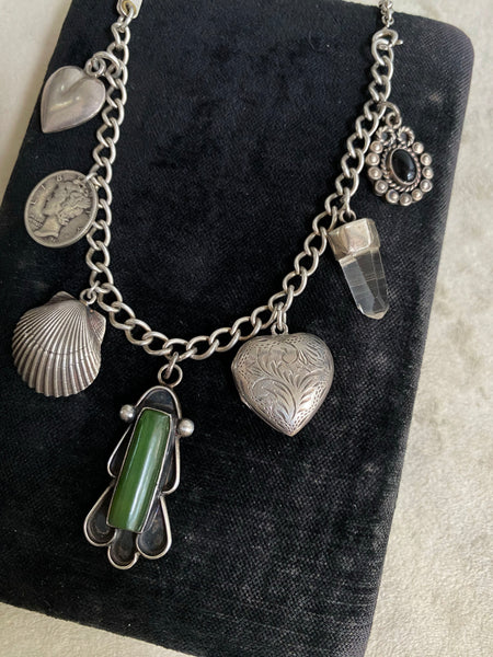 Convertible Vintage Sterling Silver + Jade Charm Necklace / Bracelet