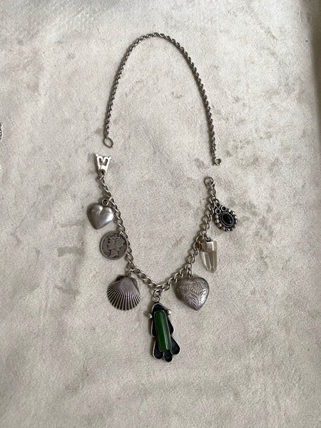 Convertible Vintage Sterling Silver + Jade Charm Necklace / Bracelet